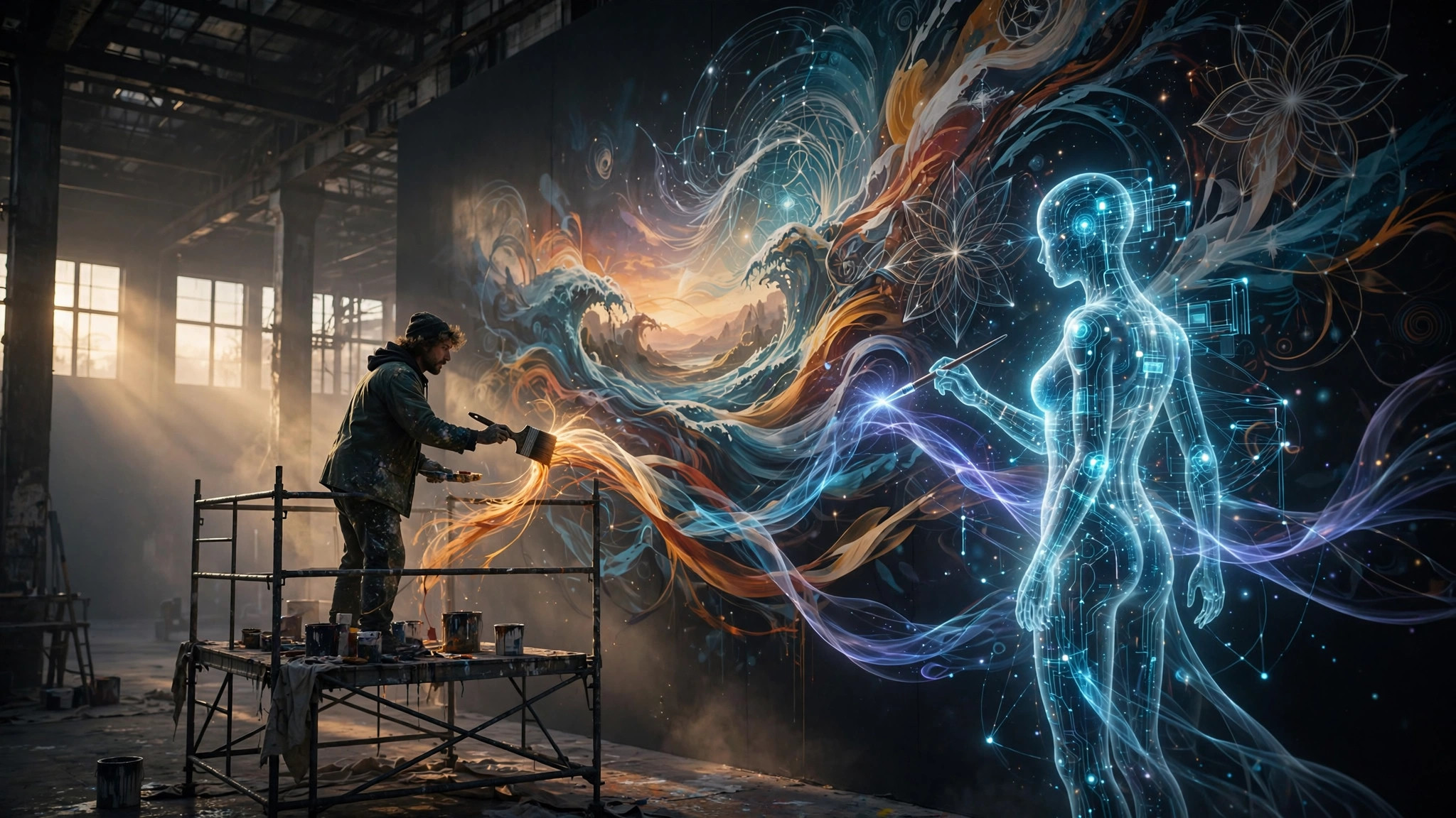 A human artist and a luminous AI figure painting a colossal mural together